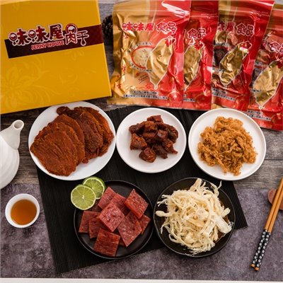 五福海陸精緻禮盒(檸檬蜜汁肉干100g+原味豬肉角100g+原味豬肉片100g+招牌豬肉鬆110g+原味魷魚絲50g) 